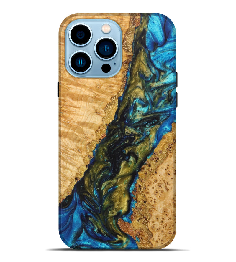 iPhone 14 Pro Max Wood+Resin Live Edge Phone Case - Brenden (Teal & Gold, 626626)