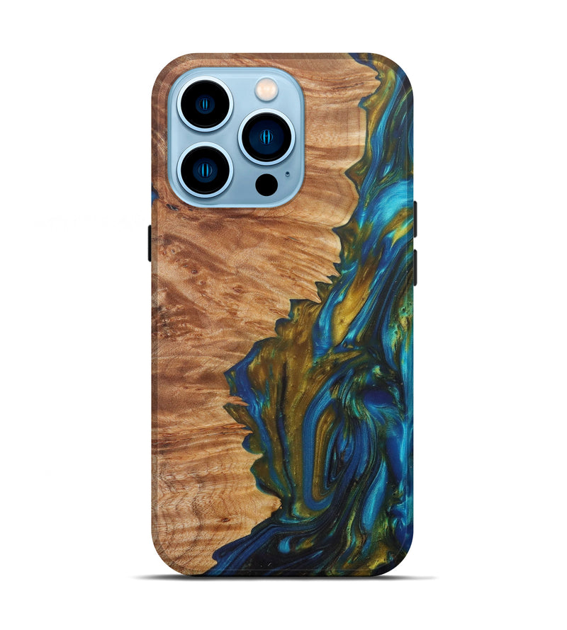 iPhone 14 Pro Wood+Resin Live Edge Phone Case - Kue (Teal & Gold, 602495)