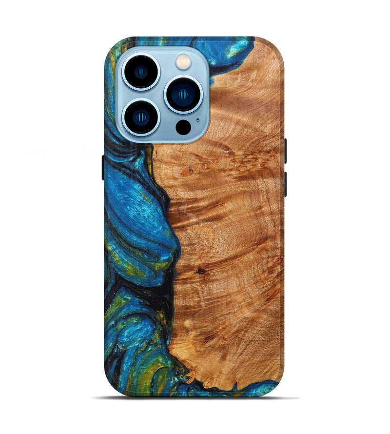 iPhone 14 Pro Wood+Resin Live Edge Phone Case - Aja (Teal & Gold, 611112)
