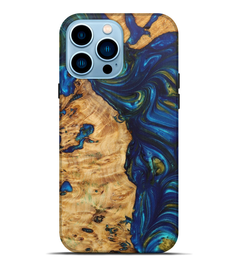iPhone 14 Pro Max Wood+Resin Live Edge Phone Case - Catina (Teal & Gold, 636196)