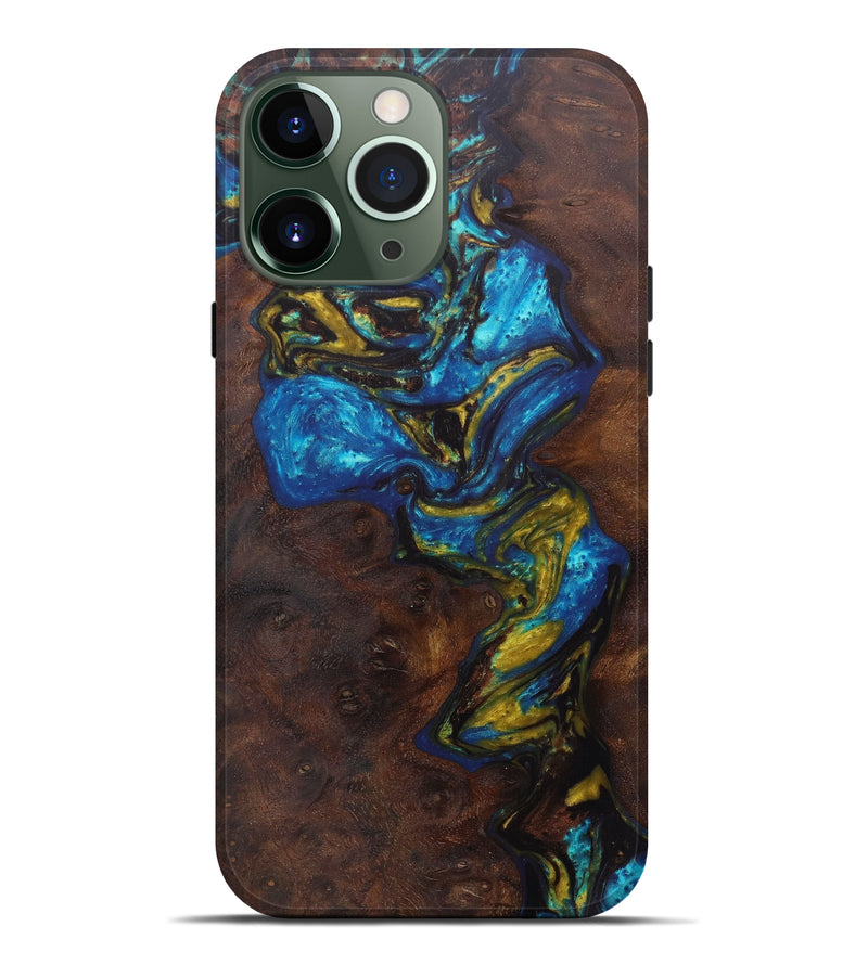 iPhone 13 Pro Max Wood+Resin Live Edge Phone Case - Stephine (Teal & Gold, 600155)