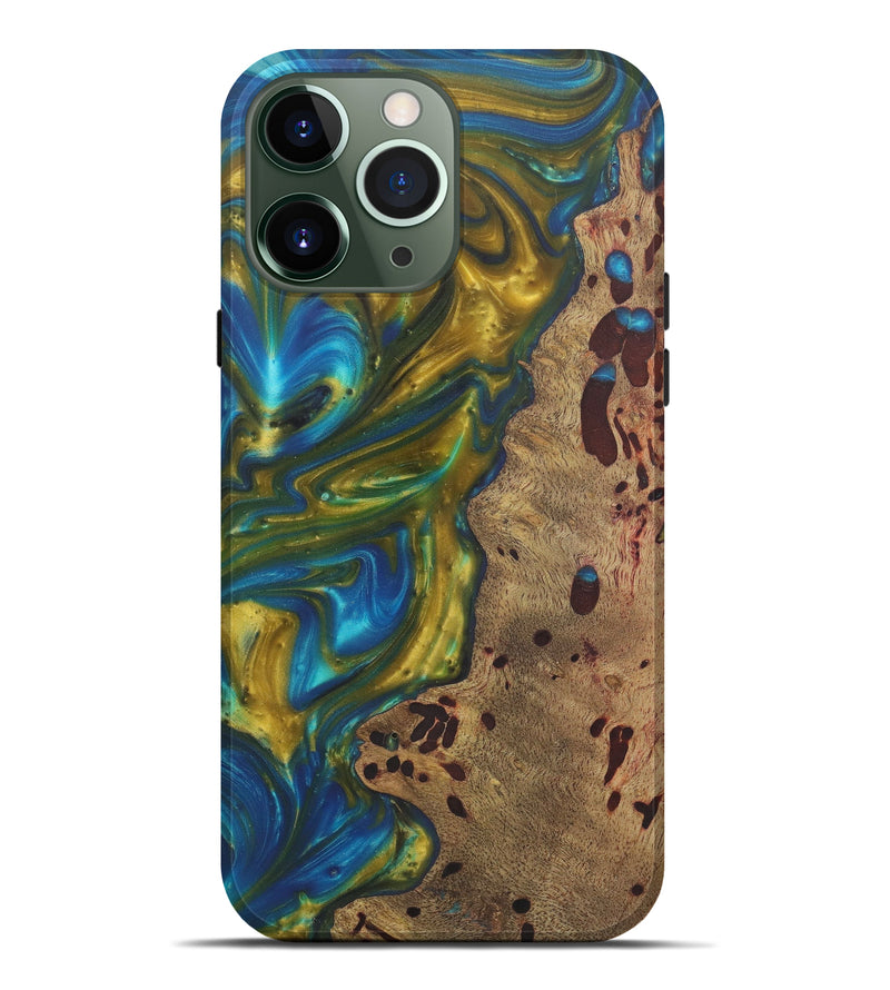iPhone 13 Pro Max Wood+Resin Live Edge Phone Case - Tomasine (Teal & Gold, 577471)