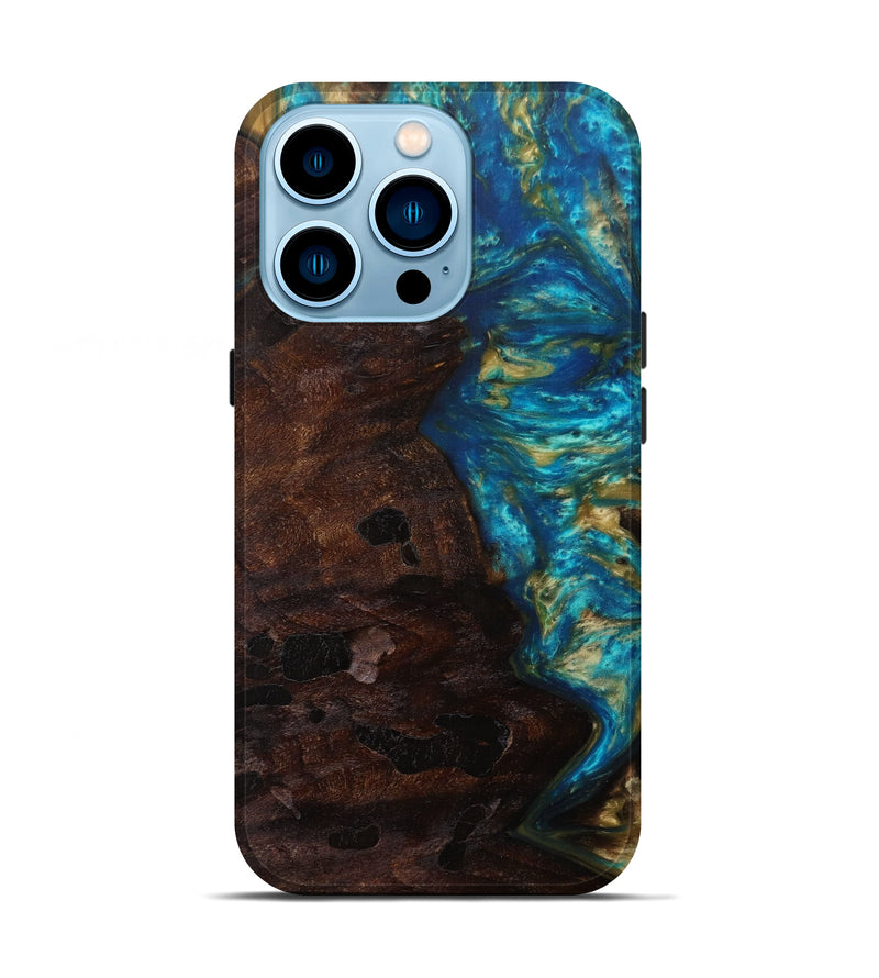 iPhone 14 Pro Wood+Resin Live Edge Phone Case - Eda (Teal & Gold, 585229)