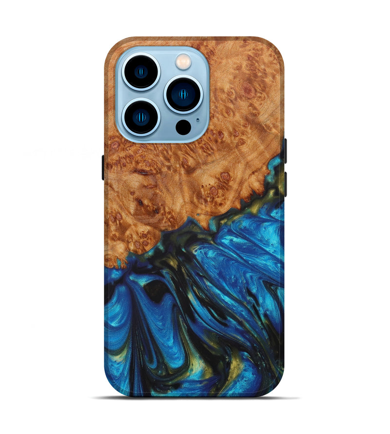 iPhone 14 Pro Wood+Resin Live Edge Phone Case - Loraine (Teal & Gold, 626970)