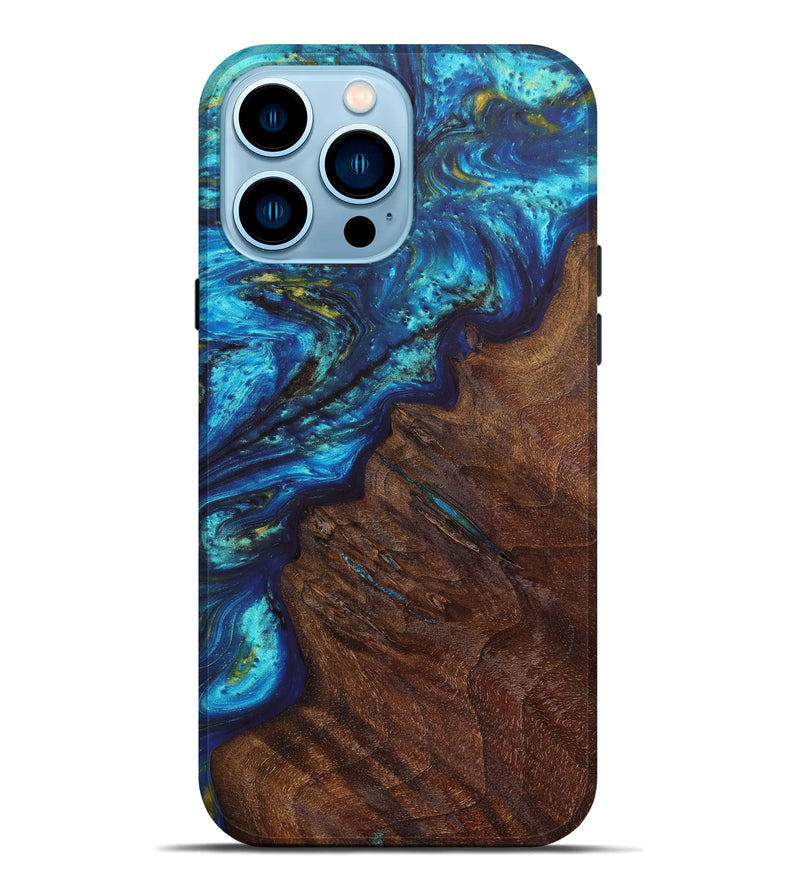 iPhone 14 Pro Max Wood+Resin Live Edge Phone Case - Geneva (Teal & Gold, 637035)