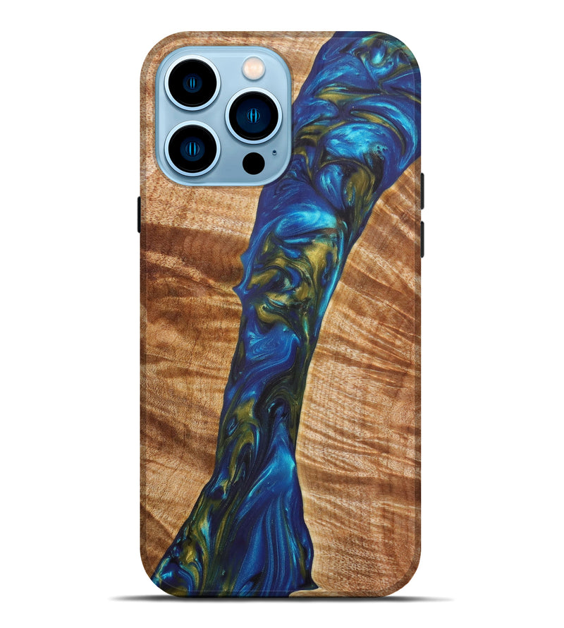 iPhone 14 Pro Max Wood+Resin Live Edge Phone Case - Kian (Teal & Gold, 630229)