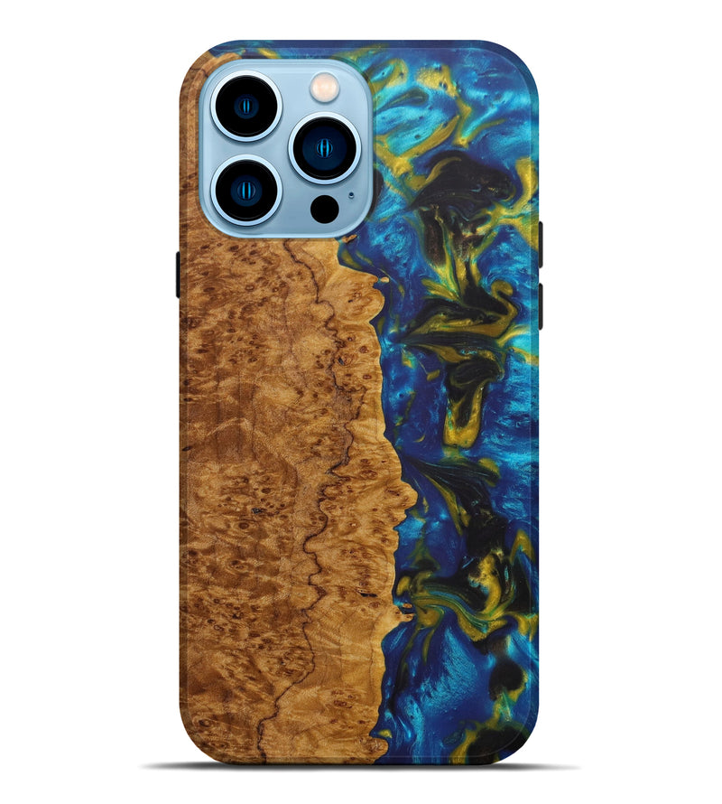 iPhone 14 Pro Max Wood+Resin Live Edge Phone Case - Rome (Teal & Gold, 609954)