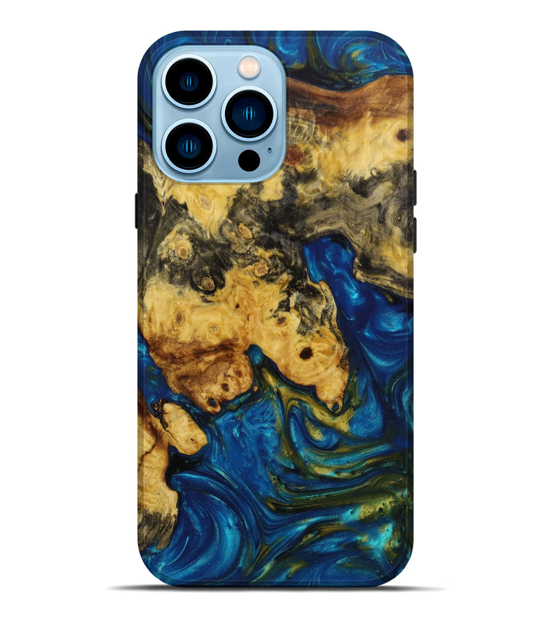 iPhone 14 Pro Max Wood+Resin Live Edge Phone Case - Lacy (Teal & Gold, 642463)