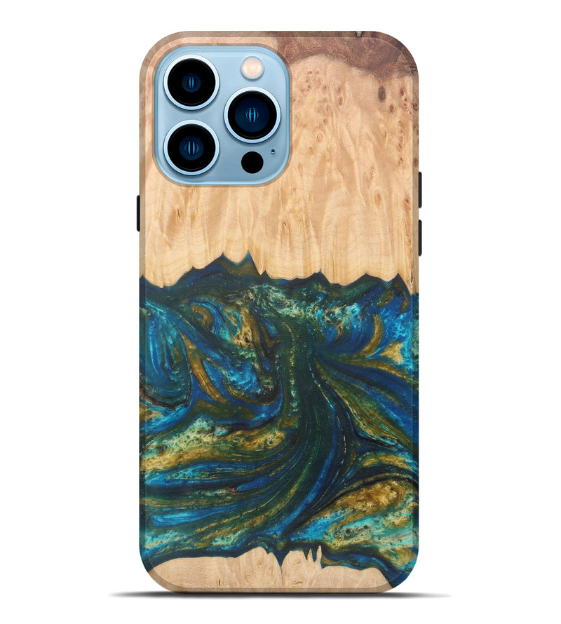 iPhone 14 Pro Max Wood+Resin Live Edge Phone Case - Katalin (Teal & Gold, 590630)
