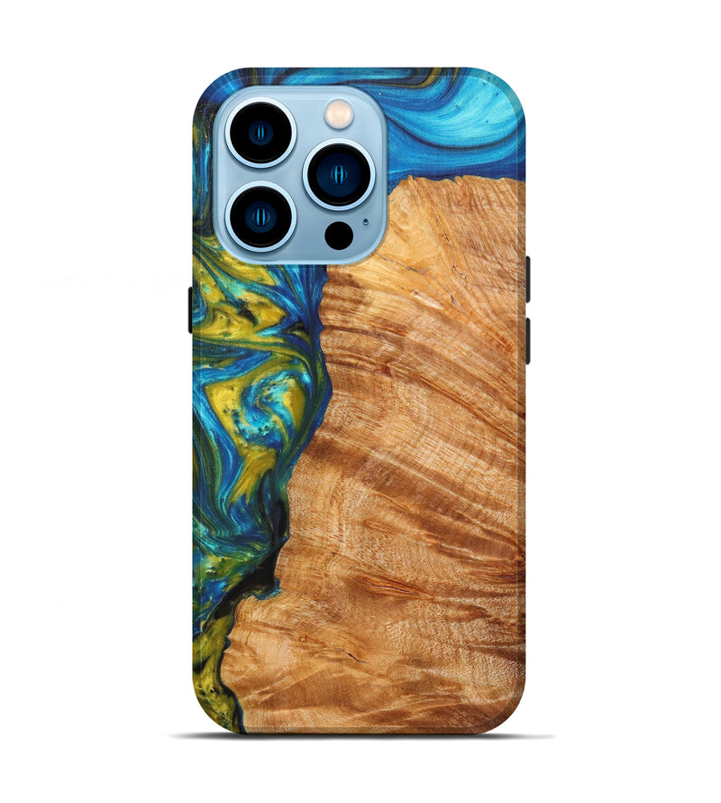 iPhone 14 Pro Wood+Resin Live Edge Phone Case - Tabitha (Teal & Gold, 605587)