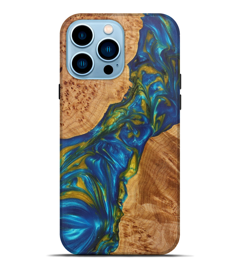 iPhone 14 Pro Max Wood+Resin Live Edge Phone Case - Nori (Teal & Gold, 610355)