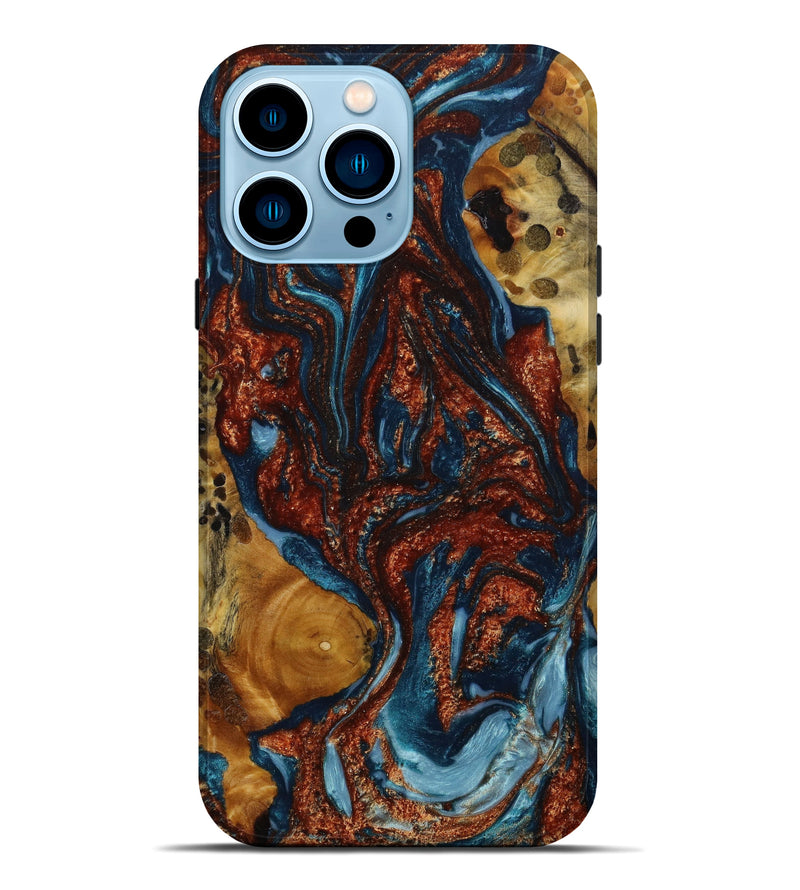 iPhone 14 Pro Max Wood+Resin Live Edge Phone Case - Gretchen (Teal & Gold, 646902)