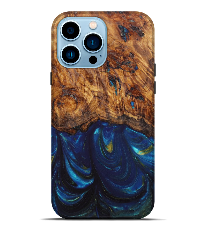 iPhone 14 Pro Max Wood+Resin Live Edge Phone Case - Shayla (Teal & Gold, 637718)