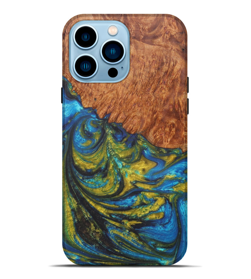 iPhone 14 Pro Max Wood+Resin Live Edge Phone Case - Shilla (Teal & Gold, 606860)