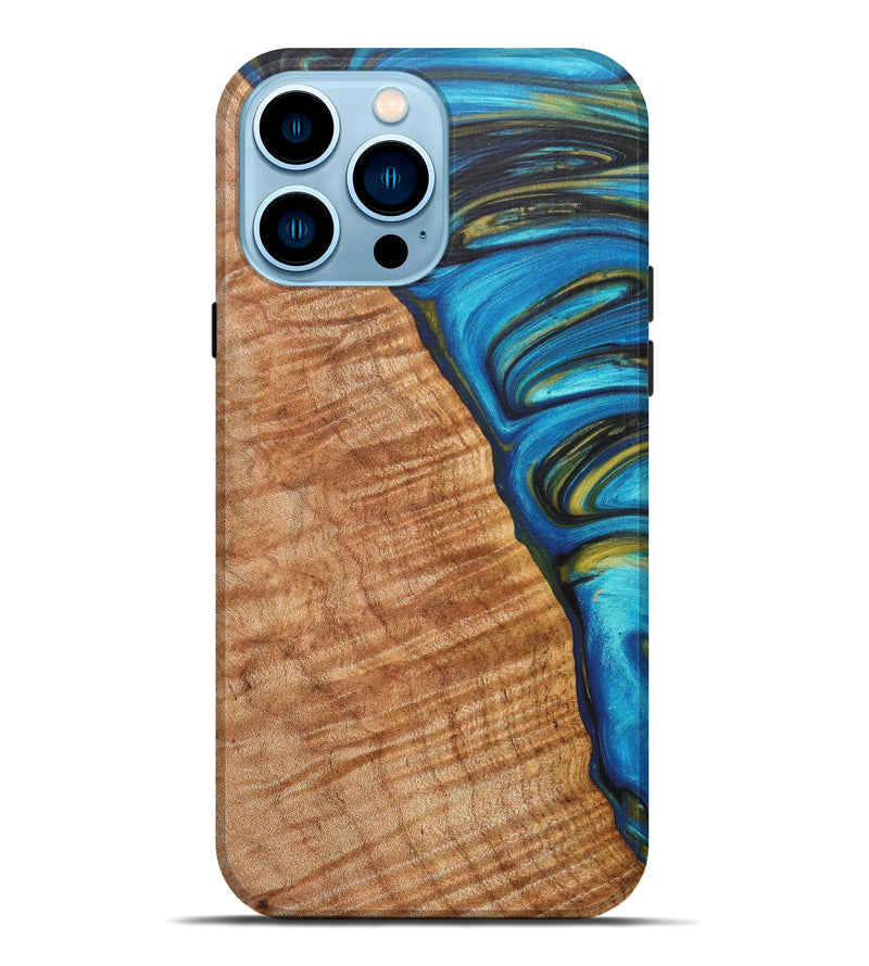 iPhone 14 Pro Max Wood+Resin Live Edge Phone Case - Woodrow (Teal & Gold, 615823)
