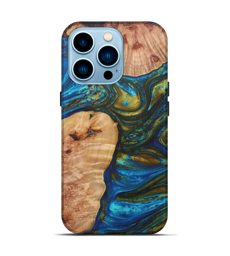 iPhone 14 Pro Wood+Resin Live Edge Phone Case - Billi (Teal & Gold, 599160)