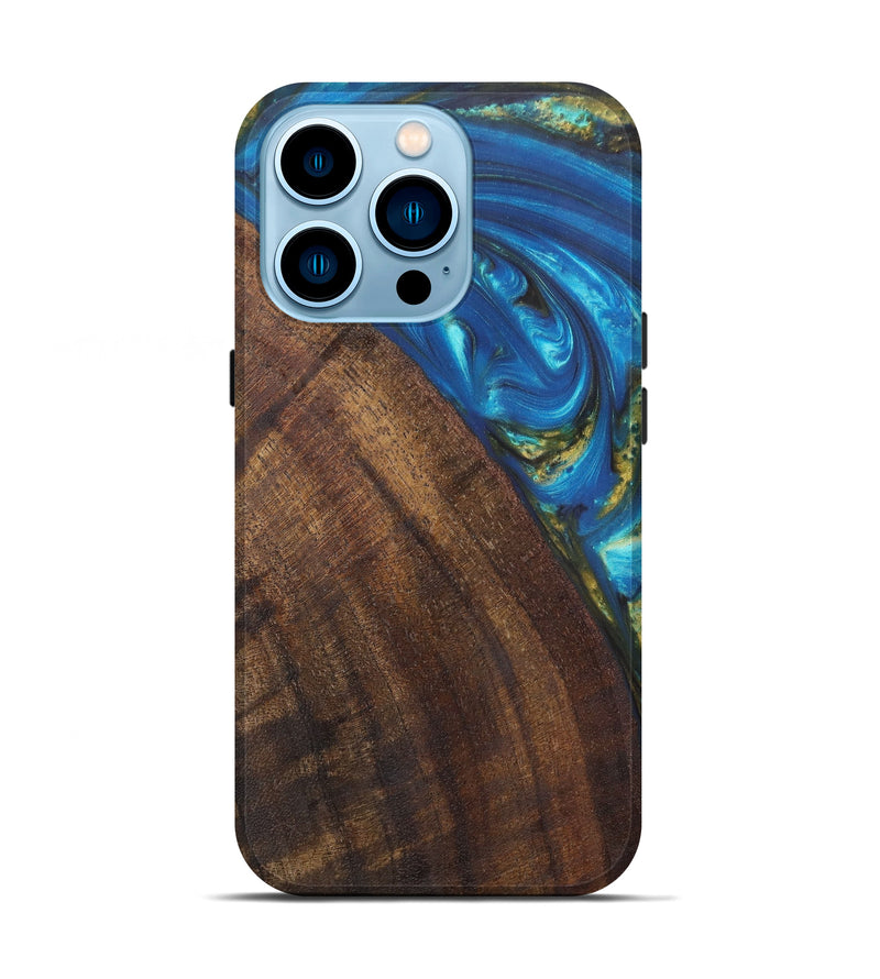iPhone 14 Pro Wood+Resin Live Edge Phone Case - Nat (Teal & Gold, 604283)