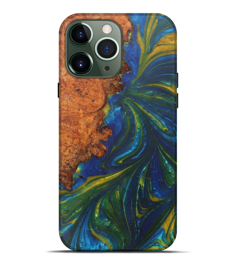 iPhone 13 Pro Max Wood+Resin Live Edge Phone Case - Janay (Teal & Gold, 625383)
