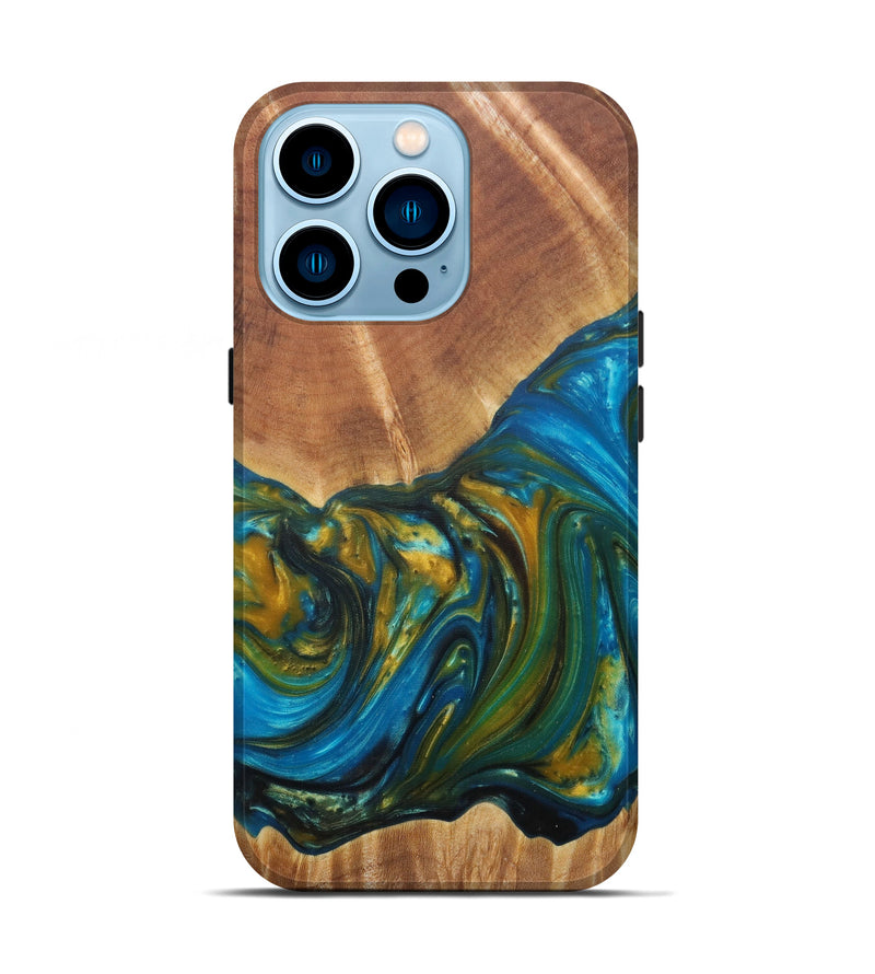 iPhone 14 Pro Wood+Resin Live Edge Phone Case - Virgie (Teal & Gold, 588694)