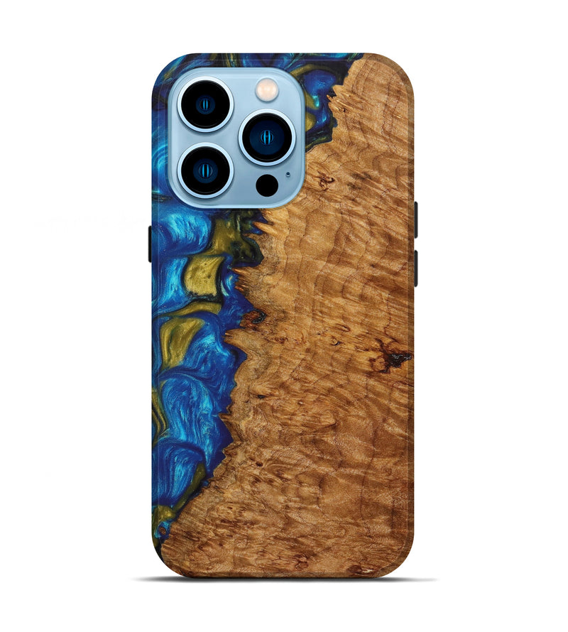 iPhone 14 Pro Wood+Resin Live Edge Phone Case - Hyman (Teal & Gold, 627382)