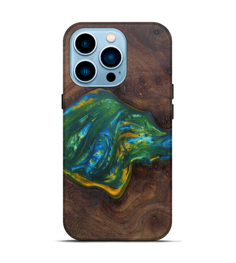 iPhone 14 Pro Wood+Resin Live Edge Phone Case - Fianna (Teal & Gold, 601257)