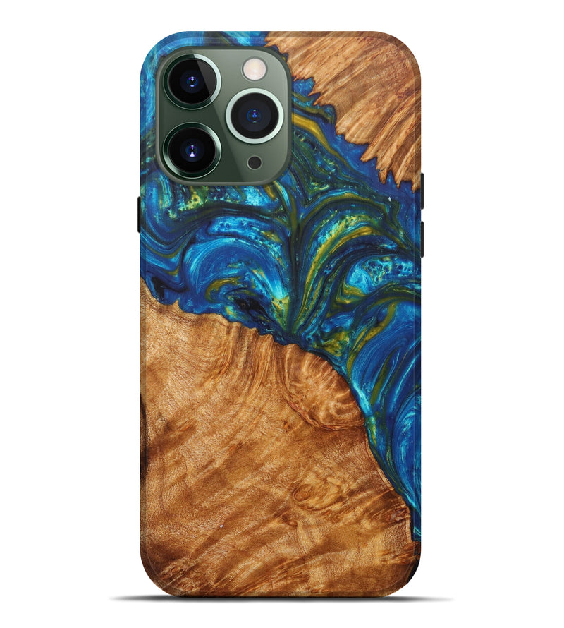 iPhone 13 Pro Max Wood+Resin Live Edge Phone Case - Wiesje (Teal & Gold, 605204)