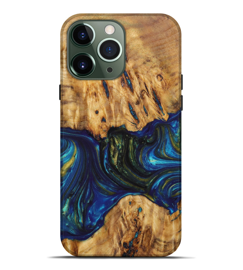 iPhone 13 Pro Max Wood+Resin Live Edge Phone Case - Harvey (Teal & Gold, 641211)