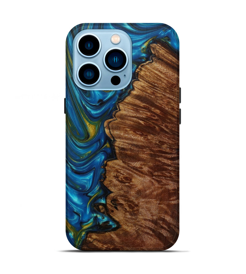 iPhone 14 Pro Wood+Resin Live Edge Phone Case - Anabal (Teal & Gold, 585230)