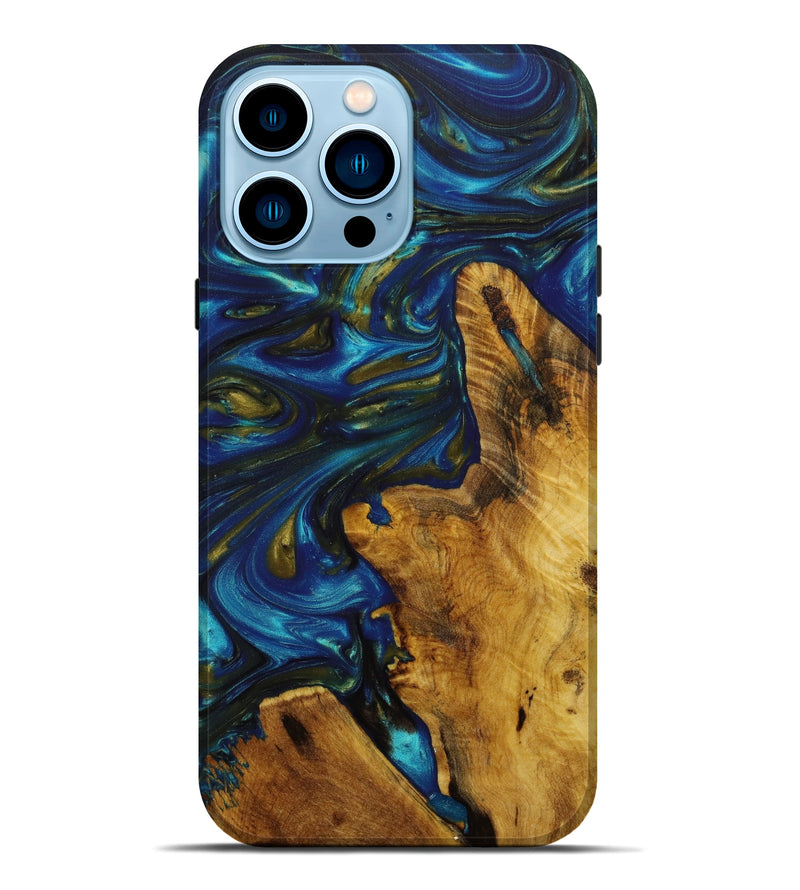 iPhone 14 Pro Max Wood+Resin Live Edge Phone Case - Cohen (Teal & Gold, 642680)