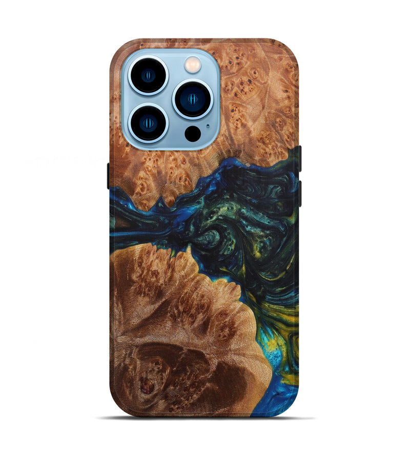 iPhone 14 Pro Wood+Resin Live Edge Phone Case - Syd (Teal & Gold, 596290)