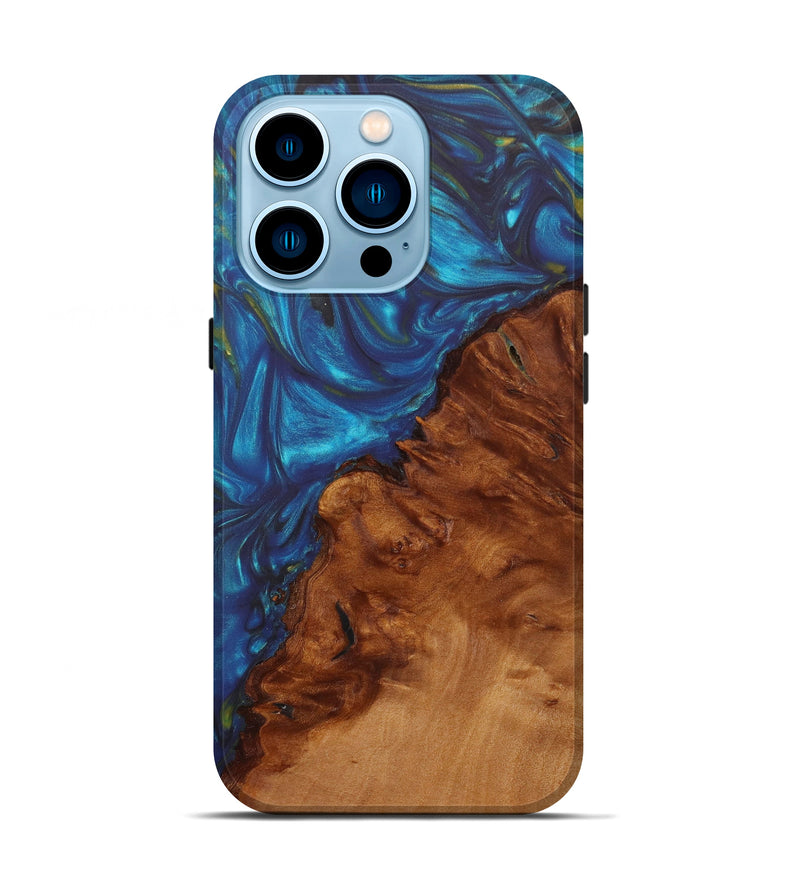 iPhone 14 Pro Wood+Resin Live Edge Phone Case - Cheryle (Teal & Gold, 609956)