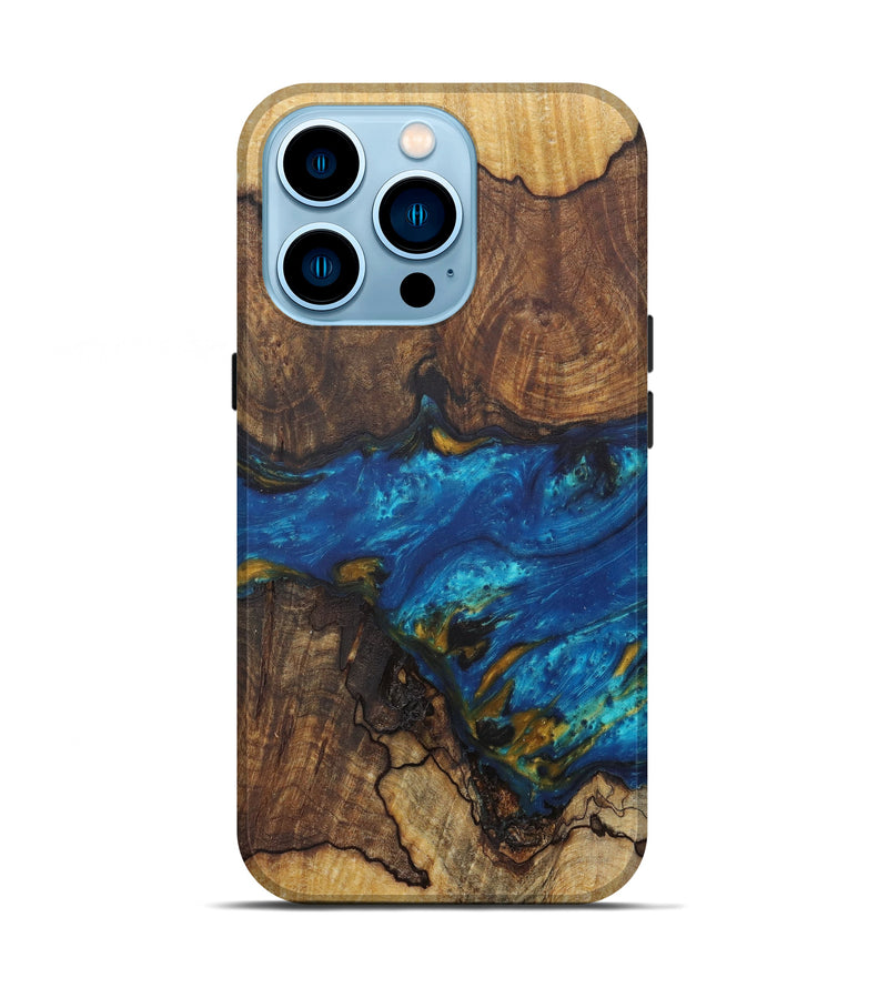 iPhone 14 Pro Wood+Resin Live Edge Phone Case - Lari (Teal & Gold, 592327)