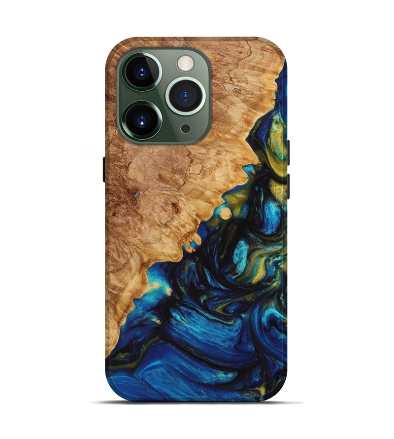 iPhone 13 Pro Wood+Resin Live Edge Phone Case - Brittany (Teal & Gold, 638988)