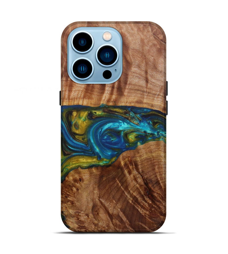 iPhone 14 Pro Wood+Resin Live Edge Phone Case - Georgie (Teal & Gold, 582810)