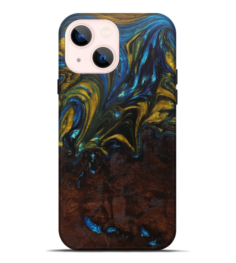 iPhone 14 Plus Wood+Resin Live Edge Phone Case - Tessa (Teal & Gold, 597293)