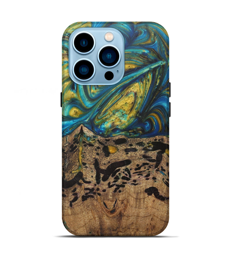 iPhone 14 Pro Wood+Resin Live Edge Phone Case - Melinda (Teal & Gold, 588013)