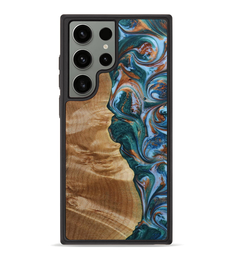 Galaxy S23 Ultra Wood+Resin Phone Case - Angelica (Teal & Gold, 648619)