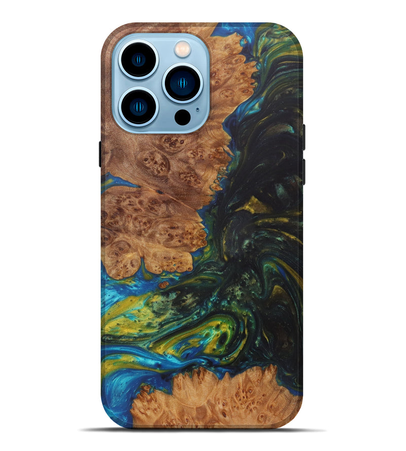 iPhone 14 Pro Max Wood+Resin Live Edge Phone Case - Chryste (Teal & Gold, 602518)