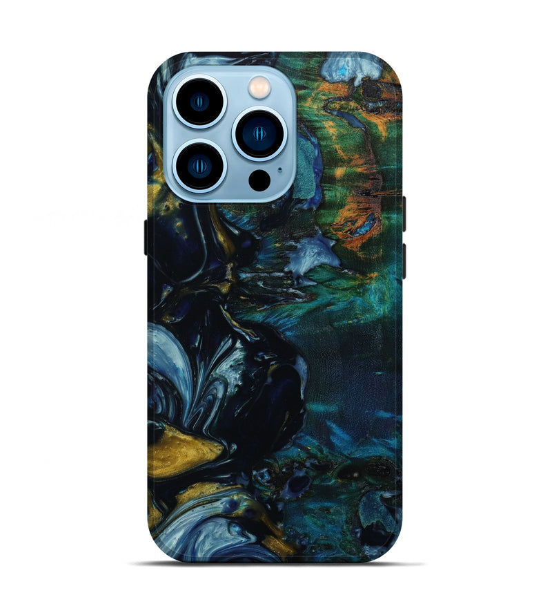 iPhone 14 Pro Wood+Resin Live Edge Phone Case - Allie (Teal & Gold, 643072)