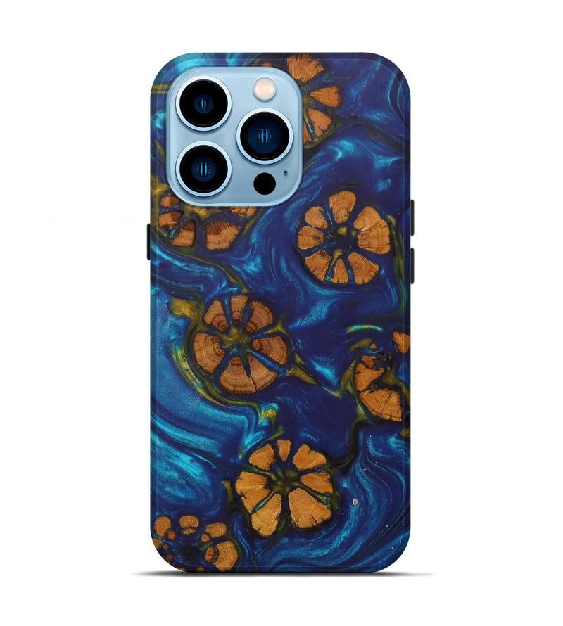iPhone 14 Pro Wood+Resin Live Edge Phone Case - Sophie (Teal & Gold, 609974)