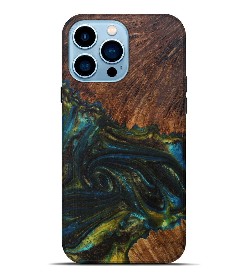iPhone 14 Pro Max Wood+Resin Live Edge Phone Case - Roseline (Teal & Gold, 592362)