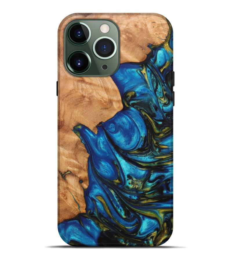 iPhone 13 Pro Max Wood+Resin Live Edge Phone Case - Vince (Teal & Gold, 627717)
