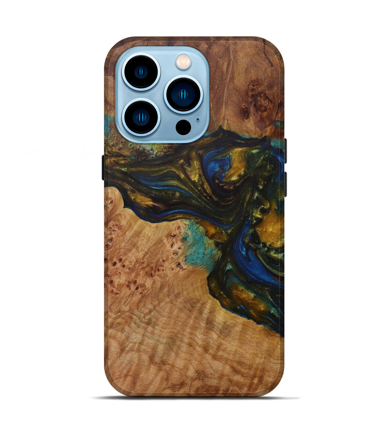 iPhone 14 Pro Wood+Resin Live Edge Phone Case - Marko (Teal & Gold, 584065)
