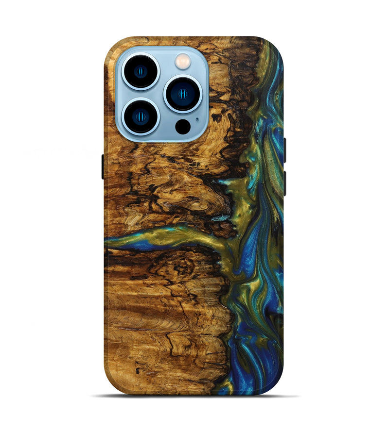 iPhone 14 Pro Wood+Resin Live Edge Phone Case - Weldon (Teal & Gold, 630451)