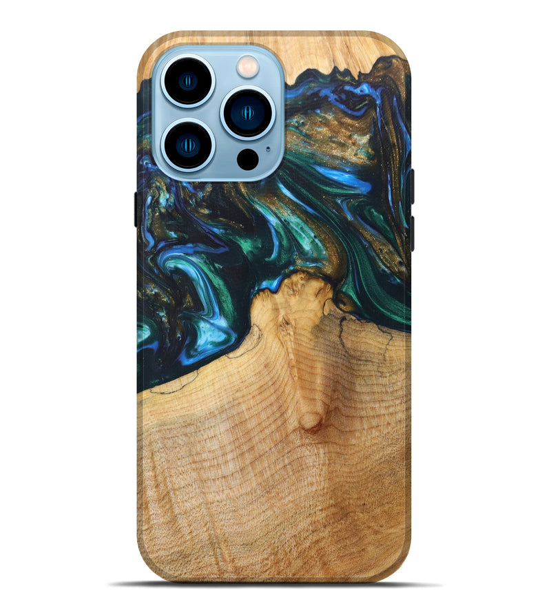 iPhone 14 Pro Max Wood+Resin Live Edge Phone Case - Sunshine (Dark Green, 616662)