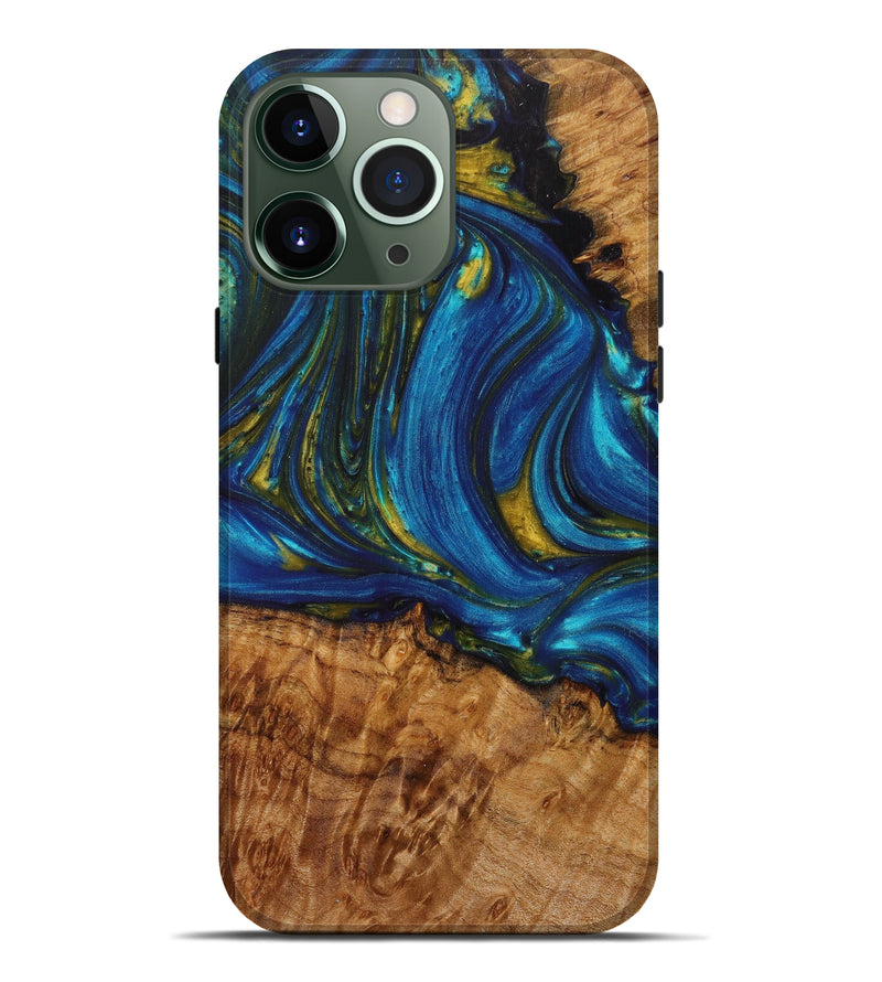 iPhone 13 Pro Max Wood+Resin Live Edge Phone Case - Rhiannon (Teal & Gold, 623014)