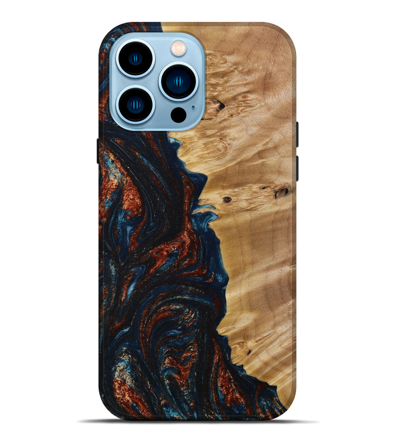 iPhone 14 Pro Max Wood+Resin Live Edge Phone Case - Waylon (Teal & Gold, 646903)