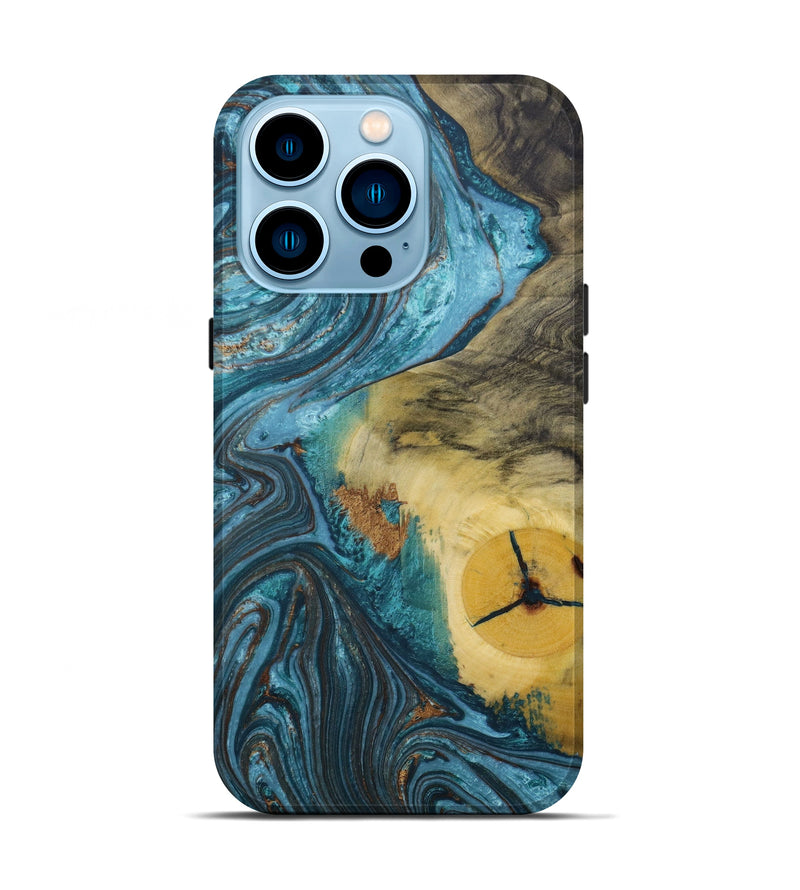 iPhone 14 Pro Wood+Resin Live Edge Phone Case - Ace (Teal & Gold, 646080)