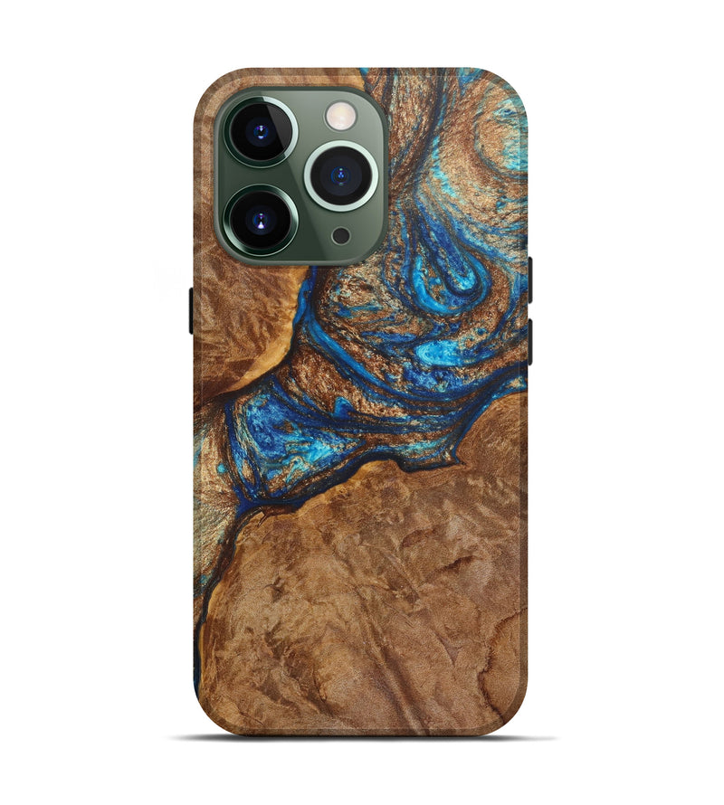 iPhone 13 Pro Wood+Resin Live Edge Phone Case - Carlos (Teal & Gold, 636832)