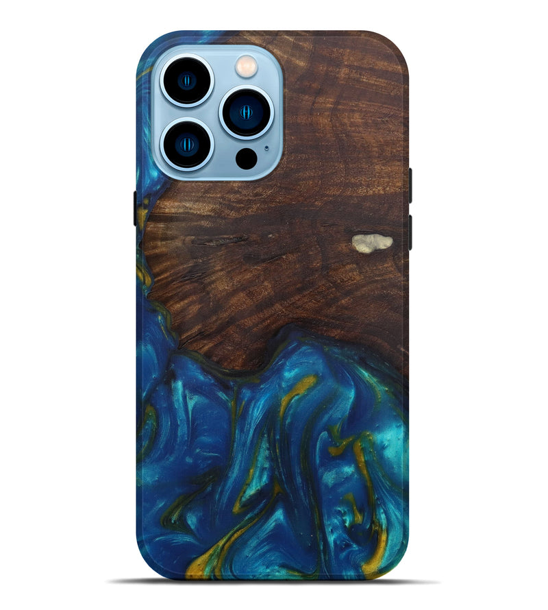 iPhone 14 Pro Max Wood+Resin Live Edge Phone Case - Estrellita (Teal & Gold, 584054)
